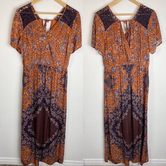 Floral Print Boho Maxi Dress Split Sleeves Size L